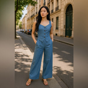 Vest and Pants Set Size Medium Light Blue Denim Sleeveless Wide Leg High Waisted